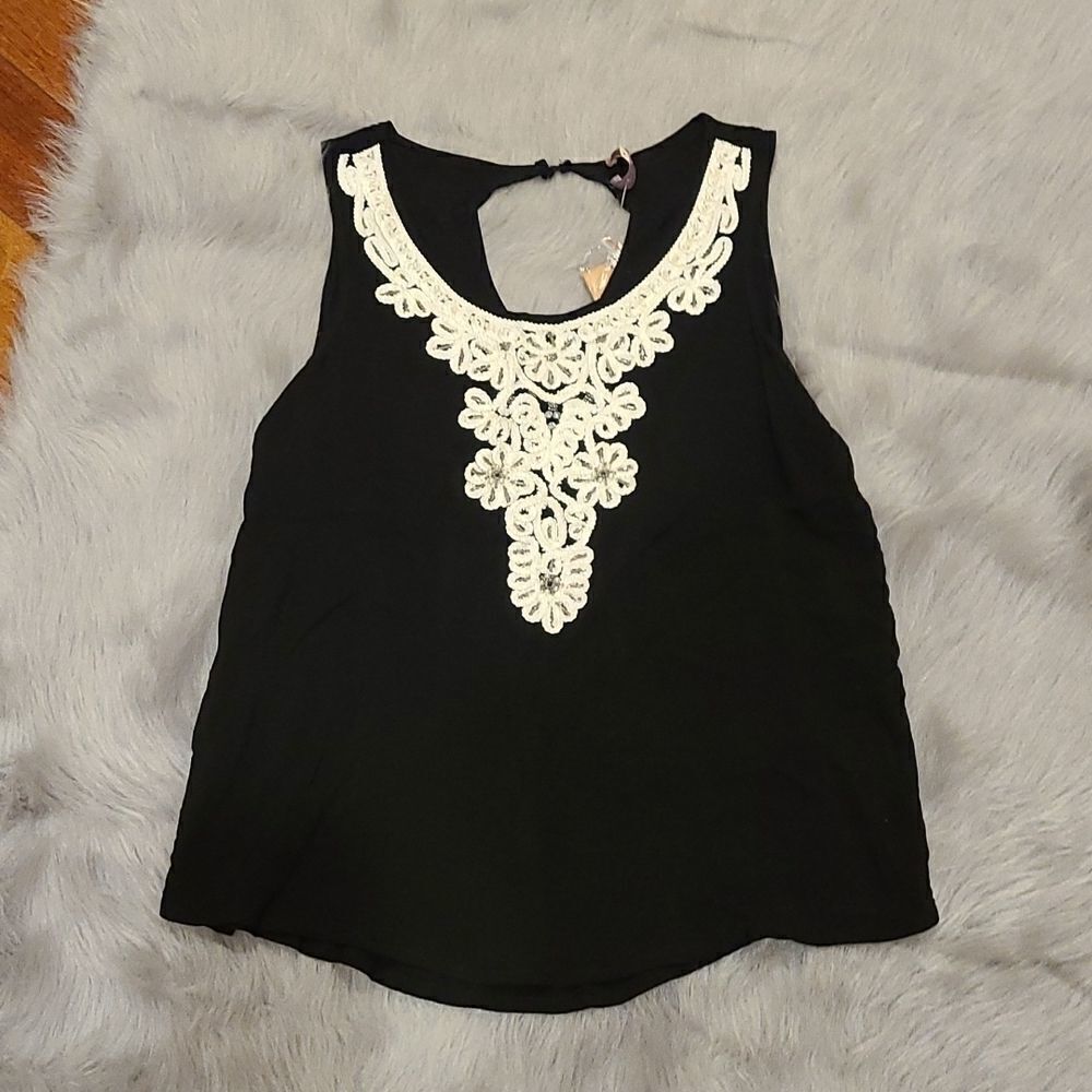 NWT Harper womens black tank top with lace and rhinestone‎ detail size small